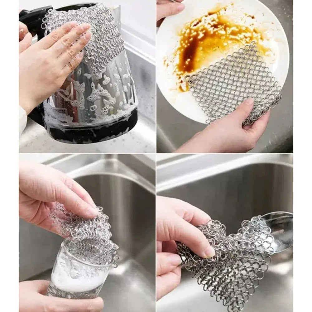 Stainless Steel Cast Iron Cleaner Chain Mail Scrubber Brush Pan Net Home Cookware Kitchen Tool Clean Accessories
