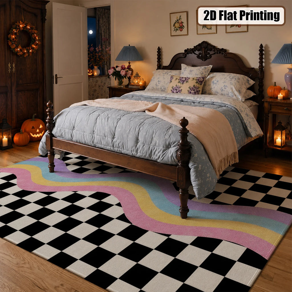 Large Indoor Area Rug, Soft Velvet Low Pile Checkered Retro Rainbow Wave Rug, Non-slip Dotted Backing, Machine Washable for Living Room, Bedroom