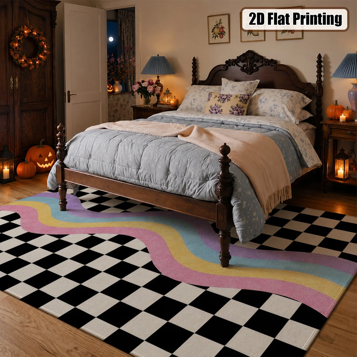 Large Indoor Area Rug, Soft Velvet Low Pile Checkered Retro Rainbow Wave Rug, Non-slip Dotted Backing, Machine Washable for Living Room, Bedroom