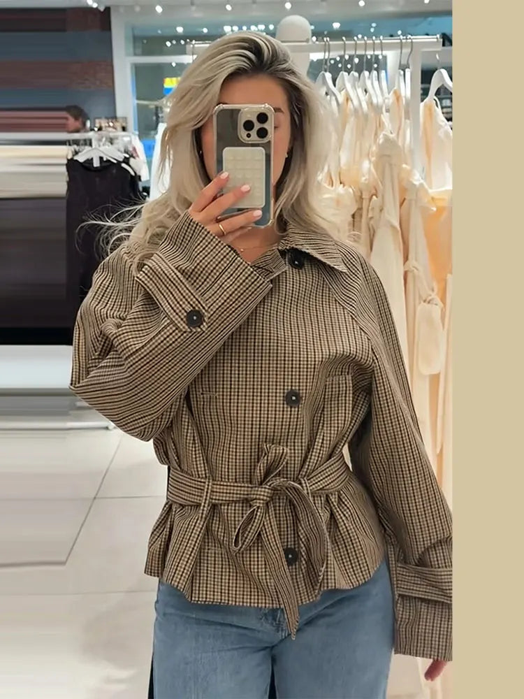 Loose Plaid Lace Up Jacket Women Vintage Double Breasted Full Sleeve Lapel Belts Jackets Female 2026 Autumn Outwear Lady
