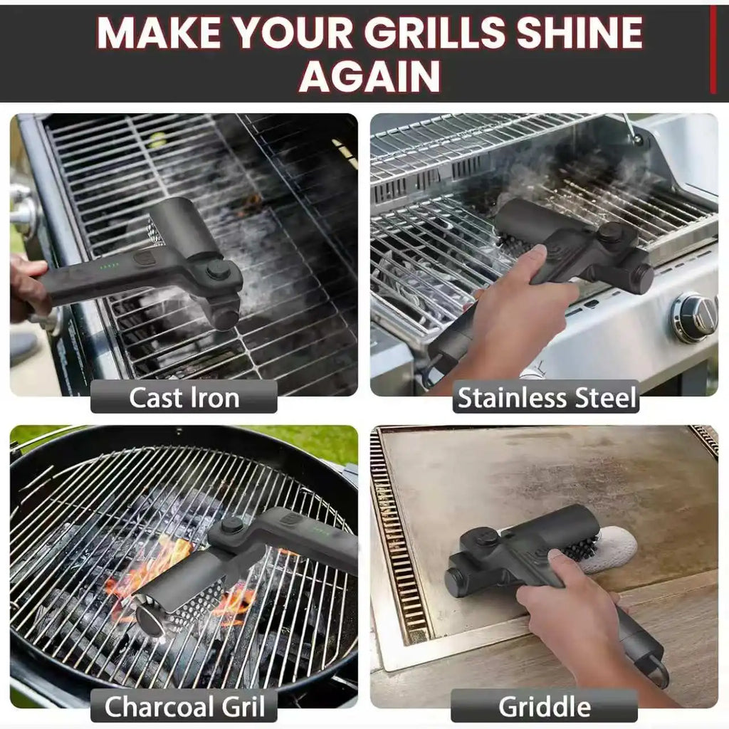 Built-in 4000mAh rechargeable battery with 3 adjustable speed modes. The rotating cleaning head delivers powerful scrubbing force to remove burnt grease, charred residue and food debris on grills without strenuous manual brus