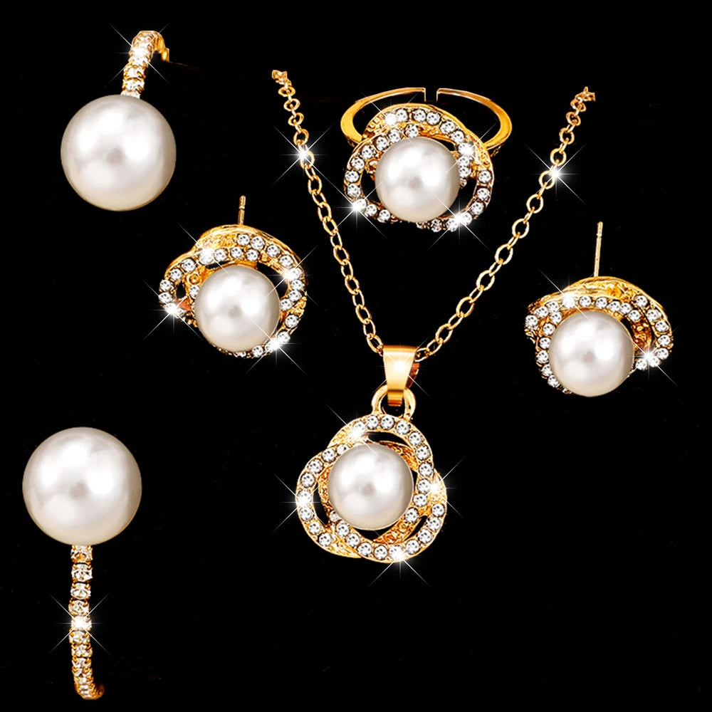 5pcs Temperament Simple Chain Imitation Pearl Pendant Necklace Earring Bracelet Ring, Wedding Travel Jewelry Set Accessory Gift