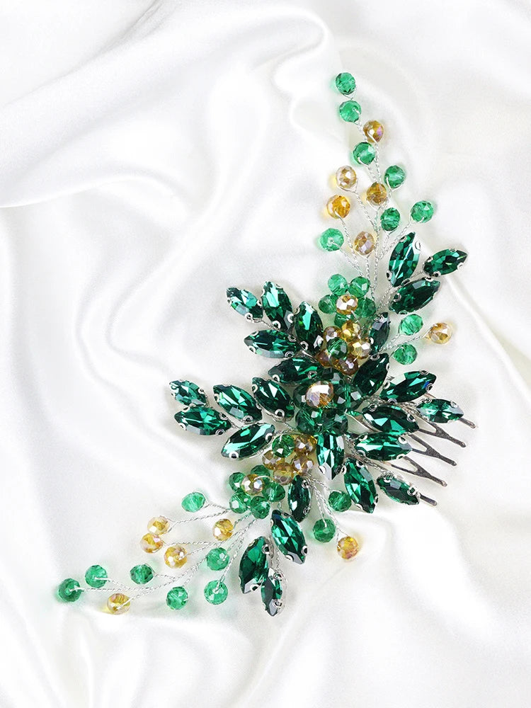 Green Crystal Bride Hair Comb Rhinestone Wedding Head Jewelry Bridal Hair Accessories for Women and Girls Bridesmaid Decor Gifts