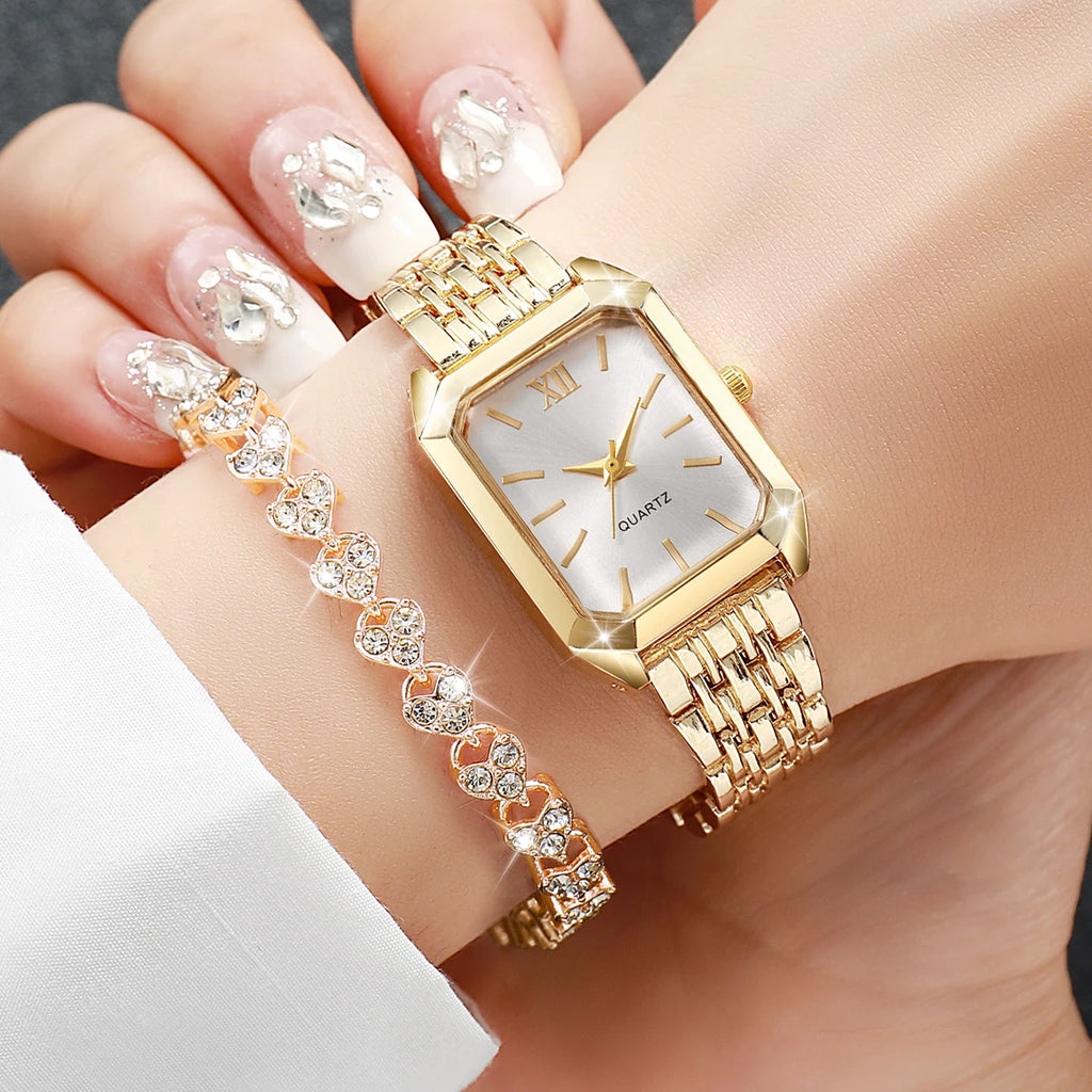 4PCS/Set Elegant Rectangle Women Watches Fashion Ladies Quartz Wristwatch Heart Bracelets Set Reloj Mujer Clock（Without Box）