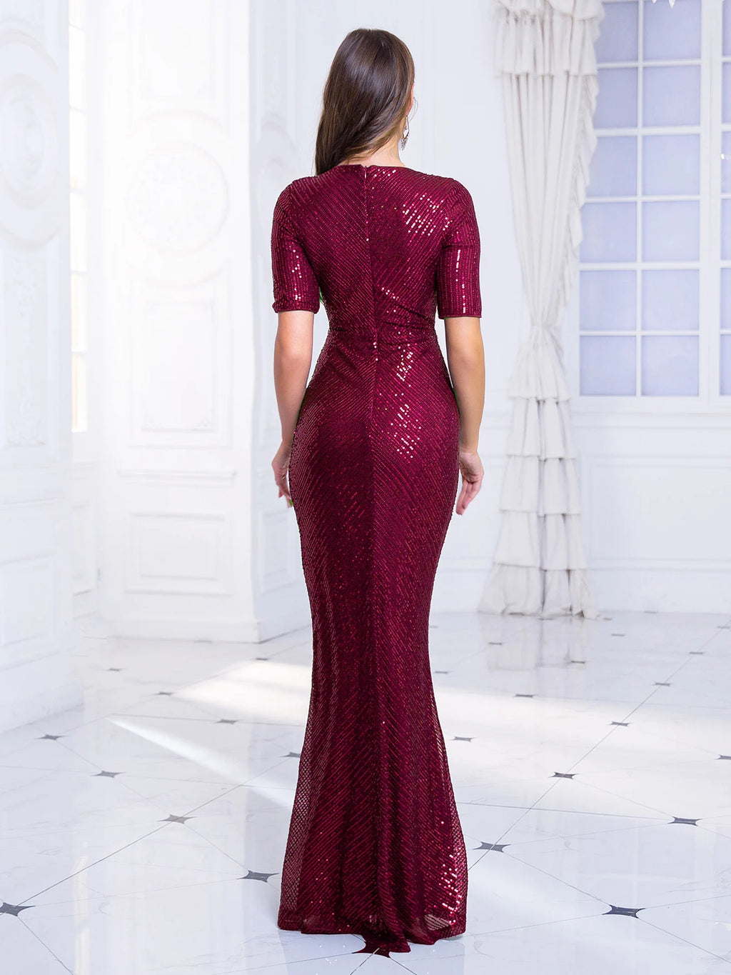 Half Sleeve Sweetheart Neck Sequined Maxi Dress Evening Prom Gown Cocktail Stretchy