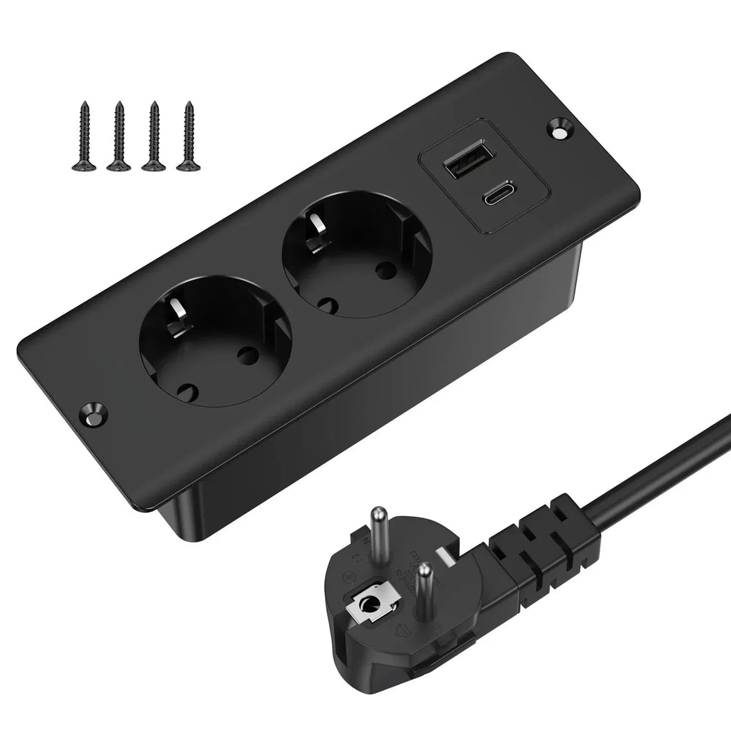 EU Black Recessed Table Desk Socket 2 Outlets with USB Type C 5V 2.1A AC110 220V Hidden Power Socket for Home Office