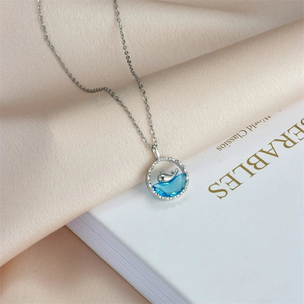 Stainless Steel Cute Sweet Blue Crystal Sea Whale Pendant Necklace for Women New Creative Design Summer Collar Jewelry Colorfast
