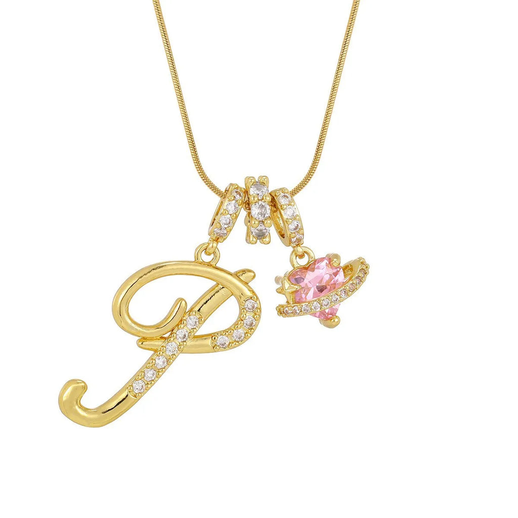 Fashion Letter Necklace Pink for Women  Zircon Heart Pendant Suitable for Personalized Stainless Steel Luxury Jewelry for Girls