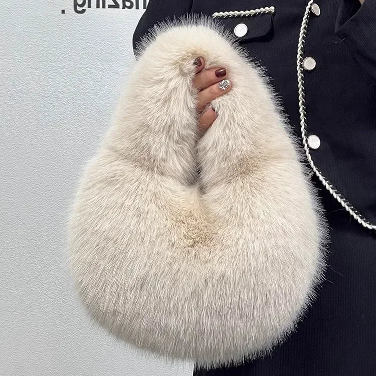 Winter Casual Furry Shoulder Bags for Women Solid Color Soft Plush Ladies Clutch Purse Handbags Lightweight Female Hobos Bag
