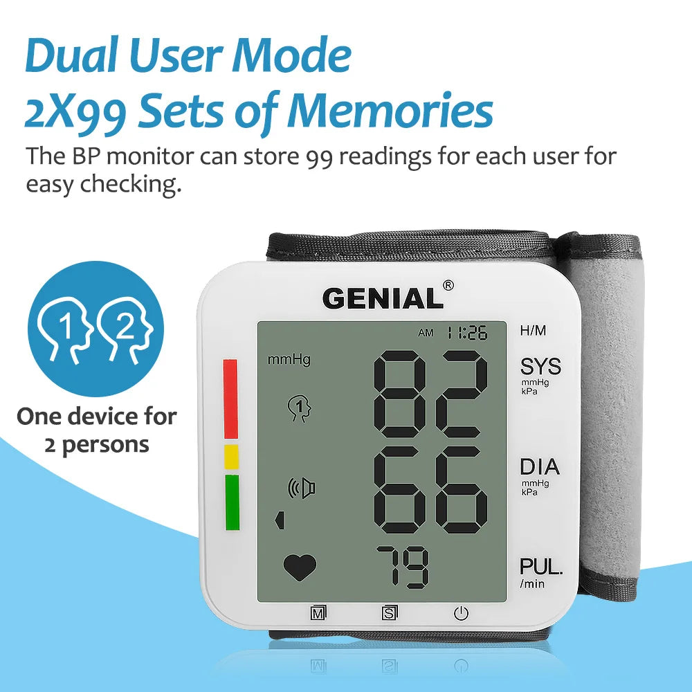 Blood Pressure Cuff Wrist, Universal Bp Cuff(5.3-8.4in) Large LCD Display 2 Users Total 240 Memories, 2 AAA Batteries & Carrying