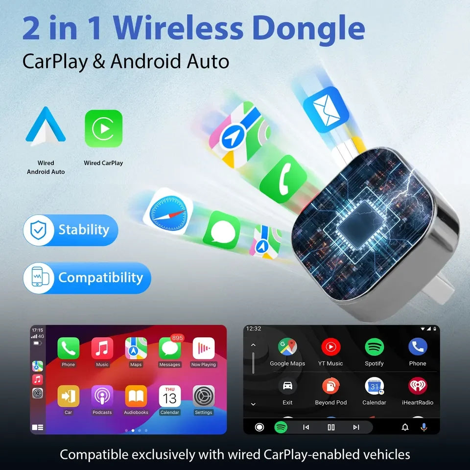 New 2026 2 in 1 Wireless CarPlay Adapter&Android Auto Wireless Adapter, 5Ghz WiFi Type-C/USB Plug Play CarPlay Wireless