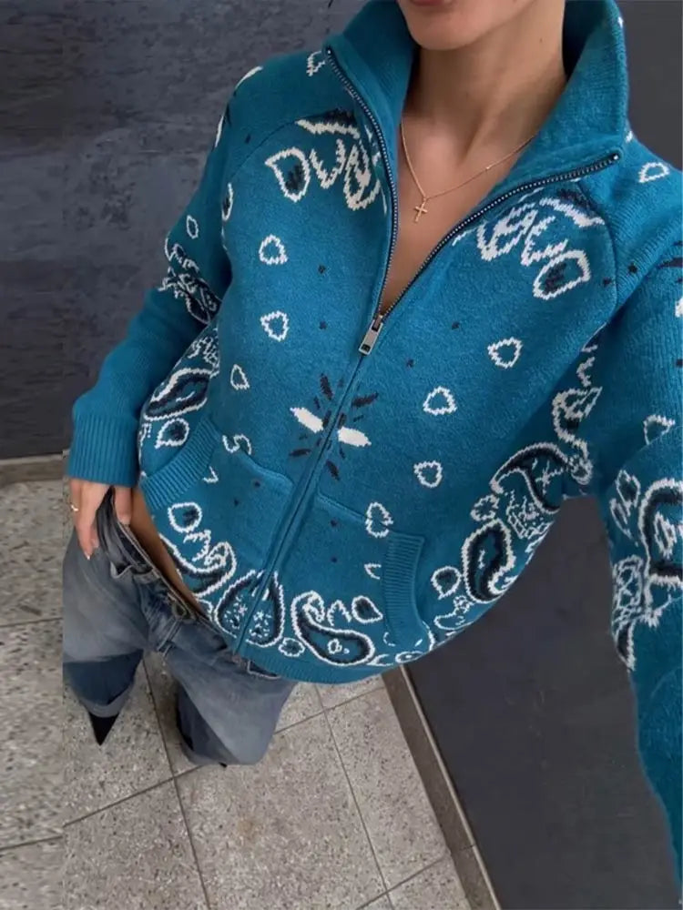 Street Printed Women's Cardigan Knitted Full Sleeve Zippers Stand Collar Pocket Lady Coats 2026 Autumn Chic Female Streetwear