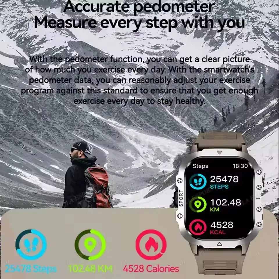 2026 New Military Outdoor Smart Watch Men's GPS Flashlight Bluetooth Call 2.01" AMOLED Screen 3ATM Waterproof Sports Smartwatch