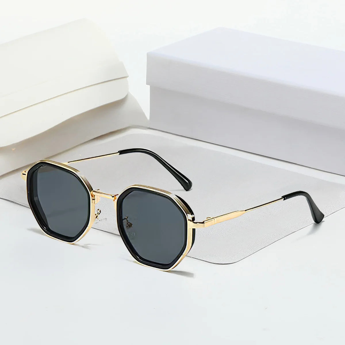 2025 New in Vintage Sunglasses for Women Modern Fashionable Octagonal Glasses with Black Lenses Golden Edging Sun Glasses