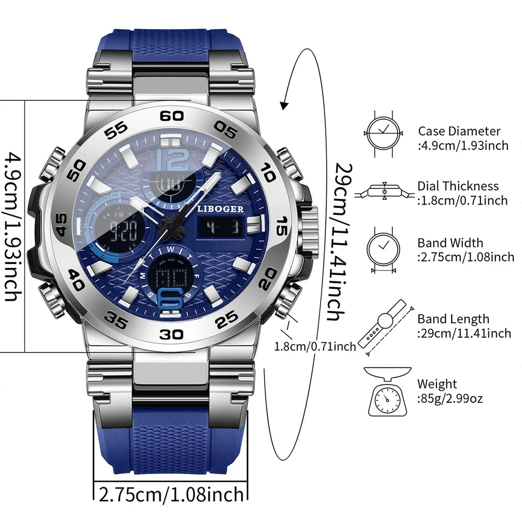 Luxury Large Dial Men Sports Watches Blue Silicone Strap Calendar Display Quartz Wristwatches Relogio Masculino（Without Box）