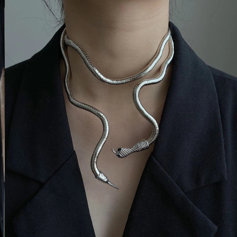 AENSOA 2025 New Punk Multilayer Metal Alloy Gold Black Color Cool Bendy Snake Necklace Bracelet for Women Men Chunky Jewelry