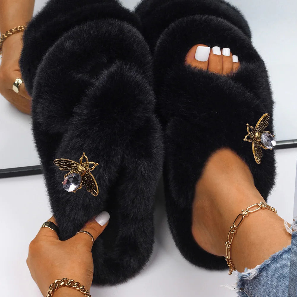 Women Furry Fur Slippers Soft Faux Fur Slides Ladies Plush House Slippers Cross Strap Open Toe Flat Sandals Fluffy Warm Shoes