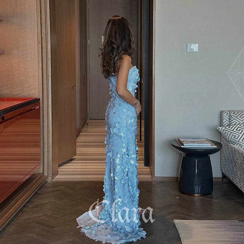 Clara Elegant Sky Blue Sequins Prom Dress Strapless Sweetheart Mermaid Evening Dress With High Side Slit Party Dress Custom