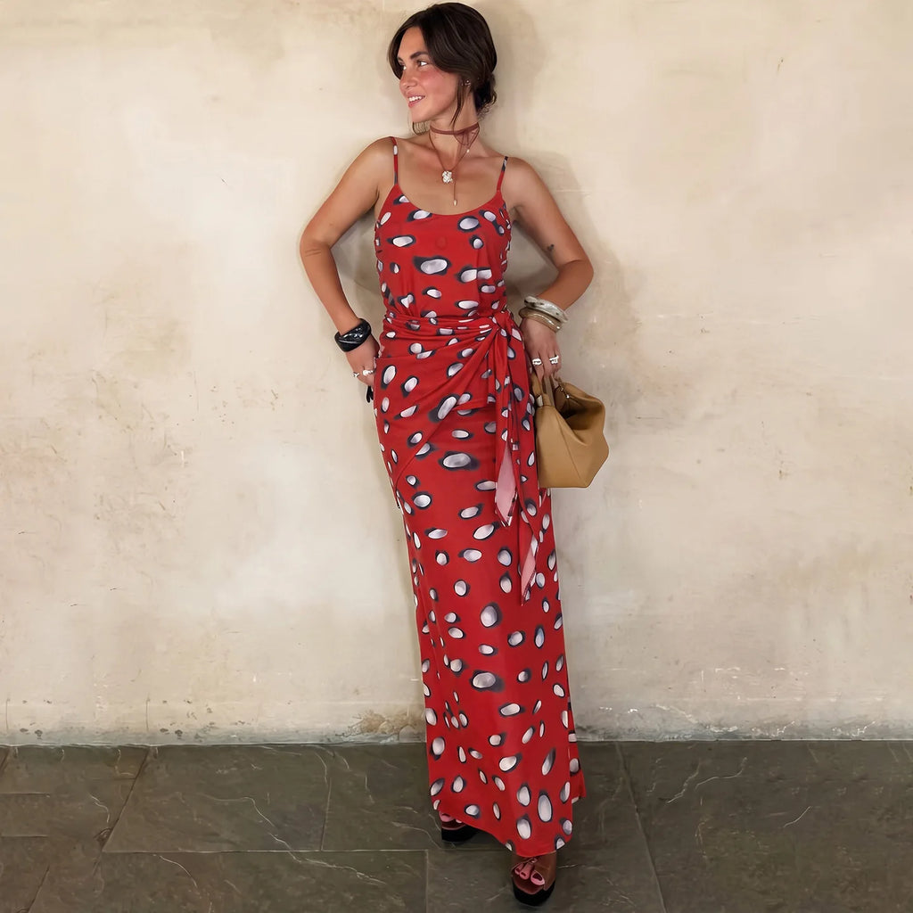 Retro Polka Dot Sexy Camisole Low Neck Vest Slim Fit High Waist Skirt Birthday Party Daily Commuting Sexy Long Skirt