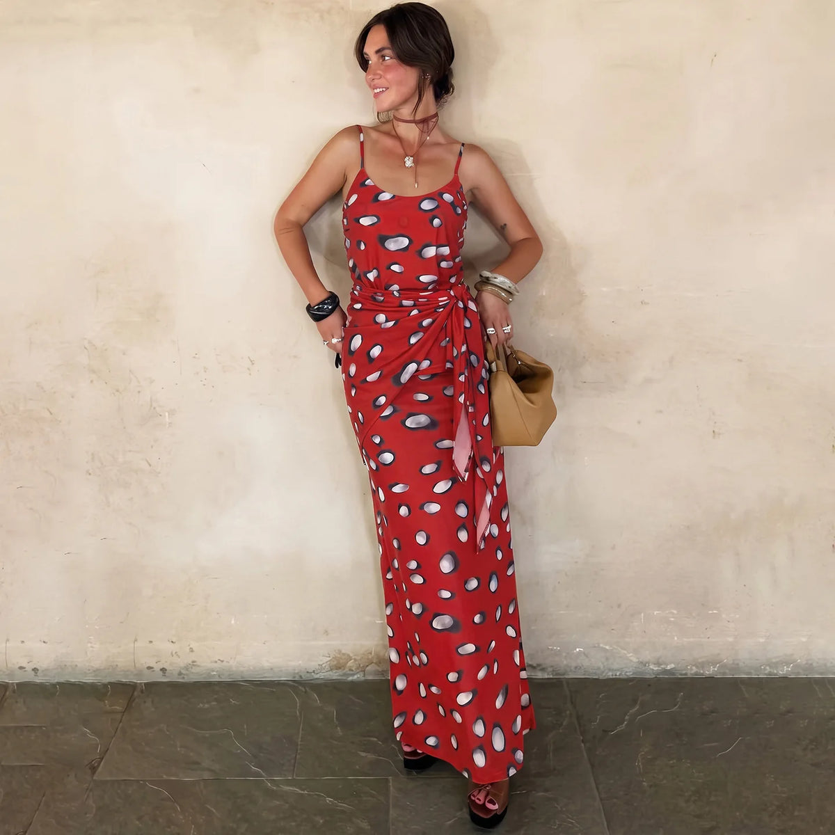 Retro Polka Dot Sexy Camisole Low Neck Vest Slim Fit High Waist Skirt Birthday Party Daily Commuting Sexy Long Skirt