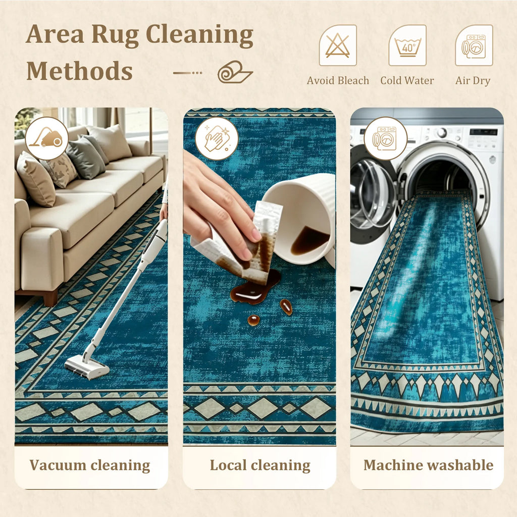 Large Indoor Area Rug, Soft Velvet Low Pile with Non-Slip Dotted Backing, Machine Washable Teal Tribal Geometric Border Rug for Living Room and Bedroom
