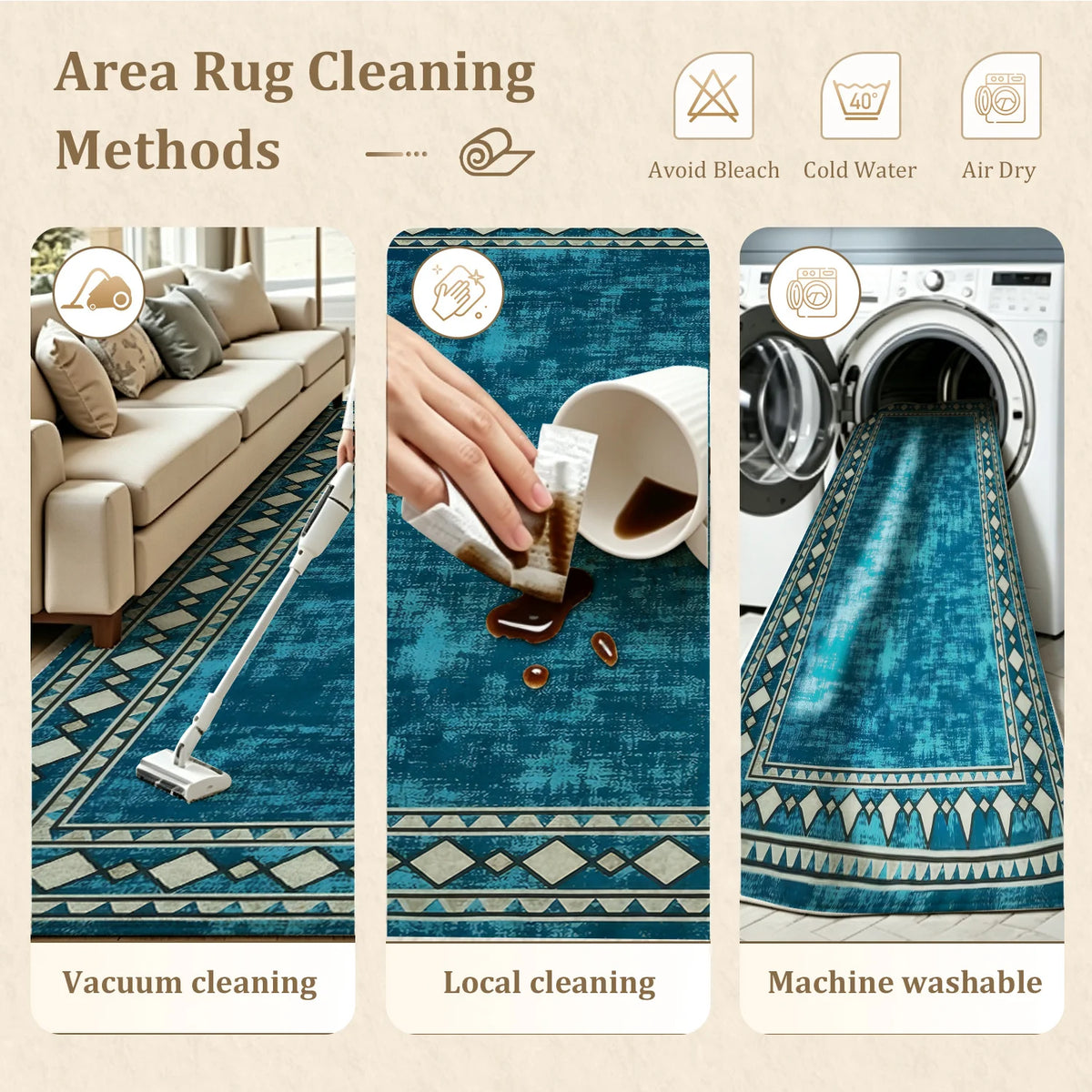 Large Indoor Area Rug, Soft Velvet Low Pile with Non-Slip Dotted Backing, Machine Washable Teal Tribal Geometric Border Rug for Living Room and Bedroom