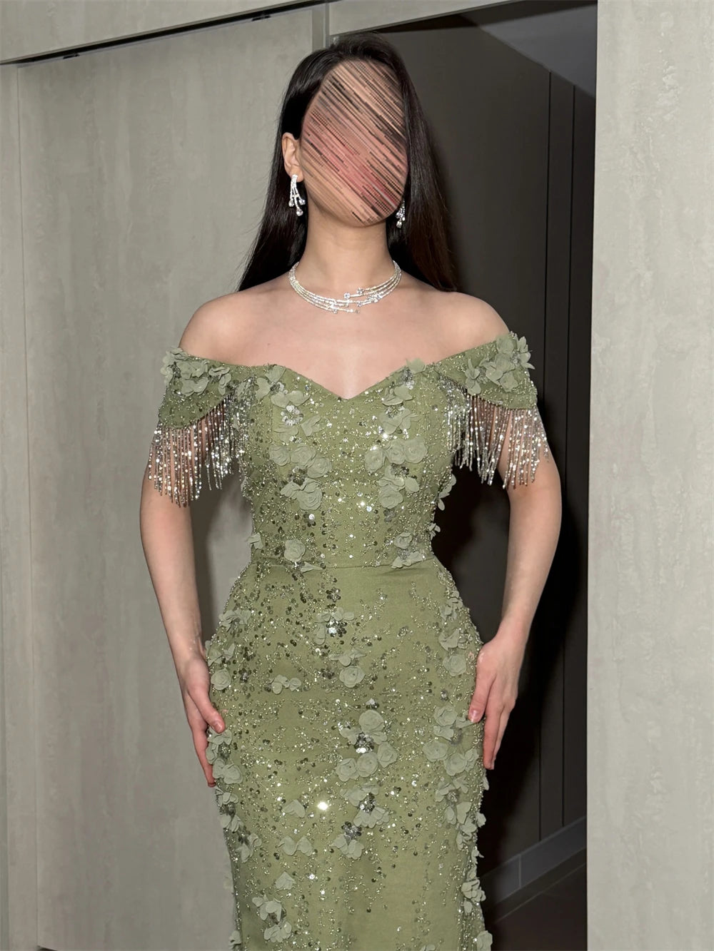 Contessa Custom Sage Green Off Shoulder Tassel Sleeve Mermaid Prom Dress 3D Floral Sequined Long Evening Dress Formal Party Gown