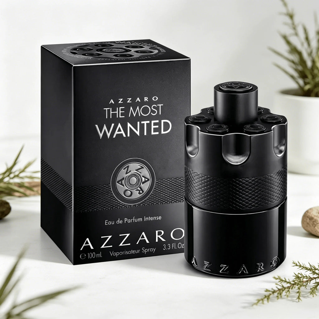 Azzaro The Most Wanted EDP Intense 100ML Perfume For Men Deep Intense Spicy Tobacco Vanilla Woody Aroma Long Lasting Matte Black Bullet Embossed Cylindrical Bottle Complete Black Woven Pattern Box Dating Night Party Present