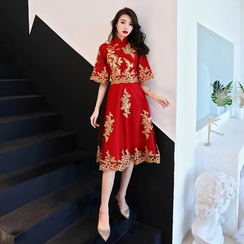 Chinese Style Bride Wedding Dress Elegant Embroidery Tulle Women Dress Evening Party Dress Classic Mandarin Collar Vestidos 3XL
