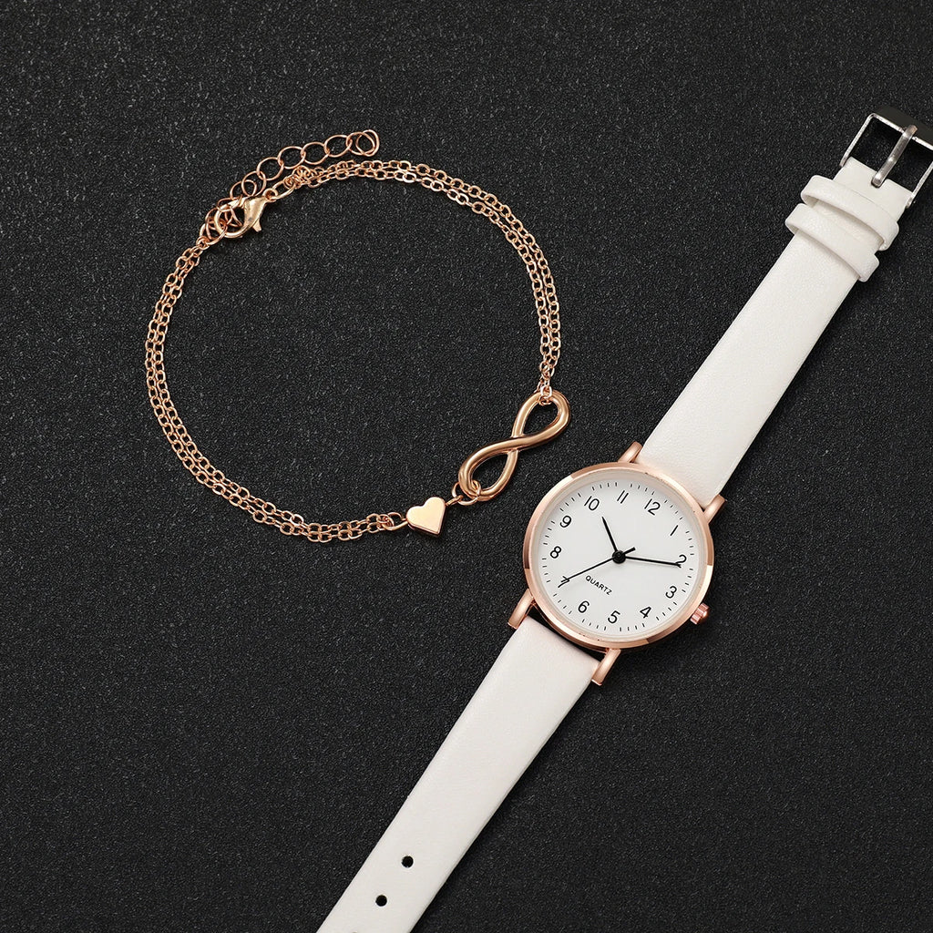 2PCS/Set Women's Watch Fashion Arabic Dial Leather Band Quartz Watches Gold Heart Bracelet Set
