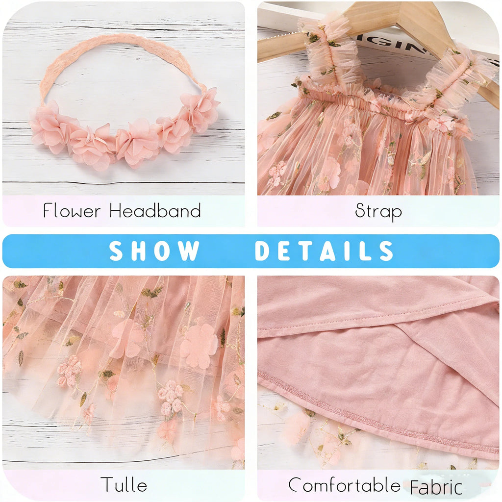 Baby Girl Sleeveless 3D Butterfly Floral Embroidery Ruffle Tulle Dress Toddler Birthday Party Tulle Dress with Headband