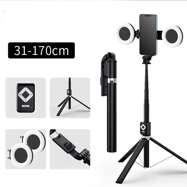 1.7m Extendable Live Tripod Selfie Stick Support LED Ring Dual Light Mirror Stand 4 in 1 Phone Mount for iPhone X 8 11 Android