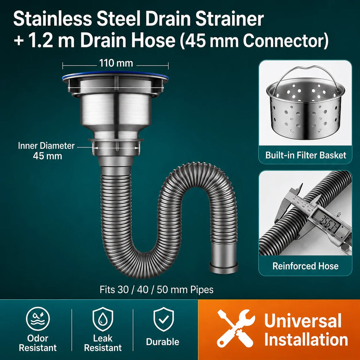 Universal Flexible Kitchen Sink Drain Pipe Anti-Odor Sewer Hose Extension Tube for Mop Pool Laundry Sink Accessories