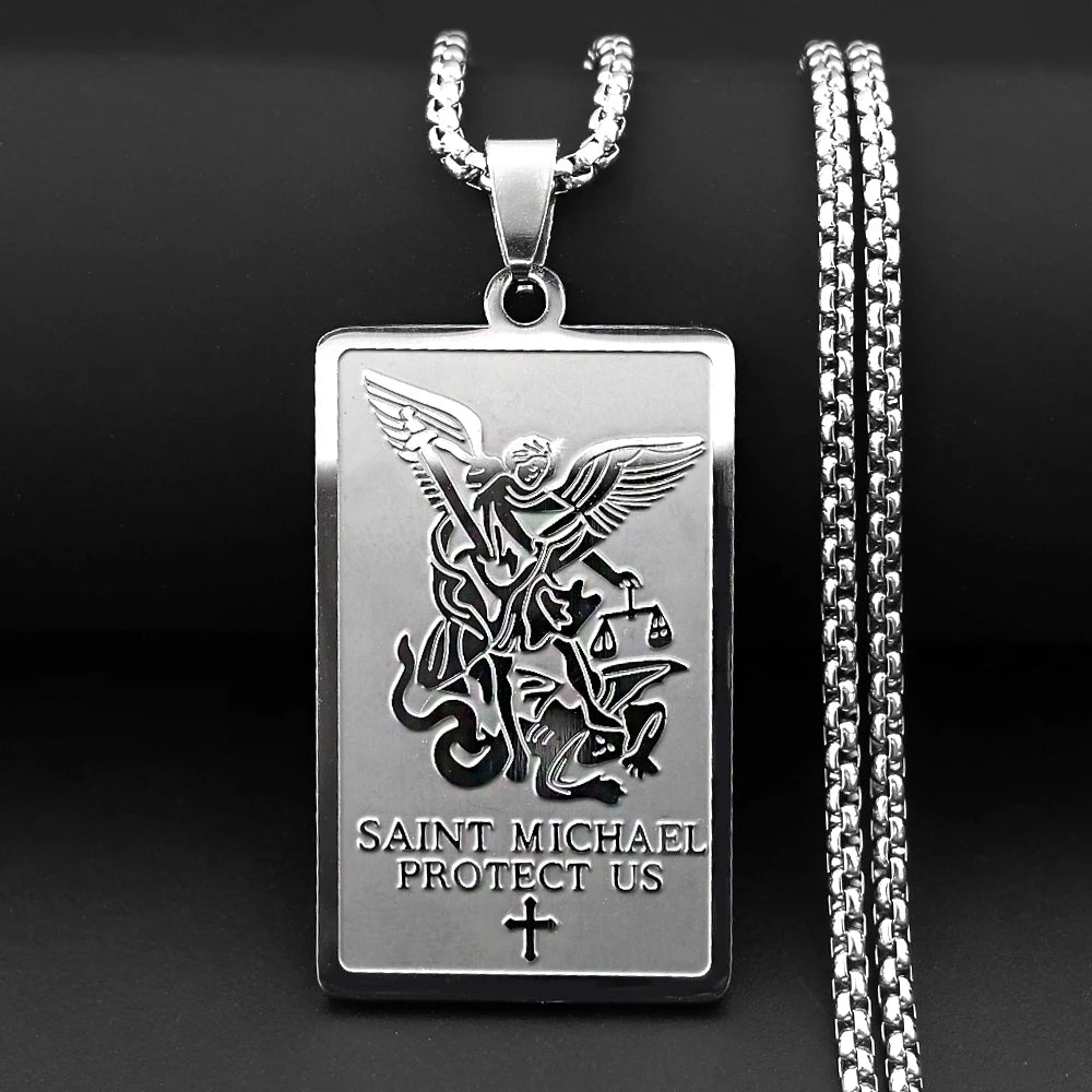 Christian Archangel Saint Michael Protect Us Cross Medal Pendant Necklace Stainless Steel Gold Plated Chain Amulet Jewelry Gift