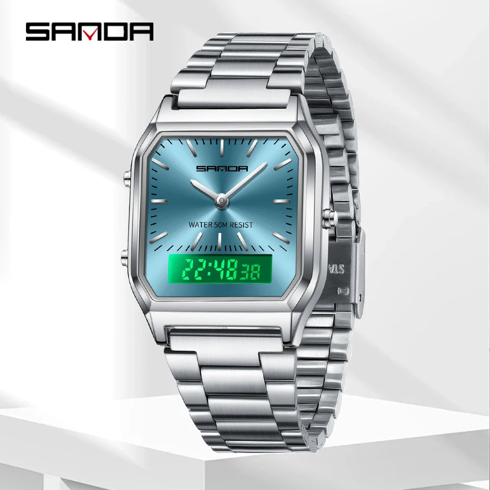 SANDA 747 Men's Quartz Digital Watch Waterproof Casual Fashion Watch Wear-resistant Stainless Steel Couple Strap Square Watch