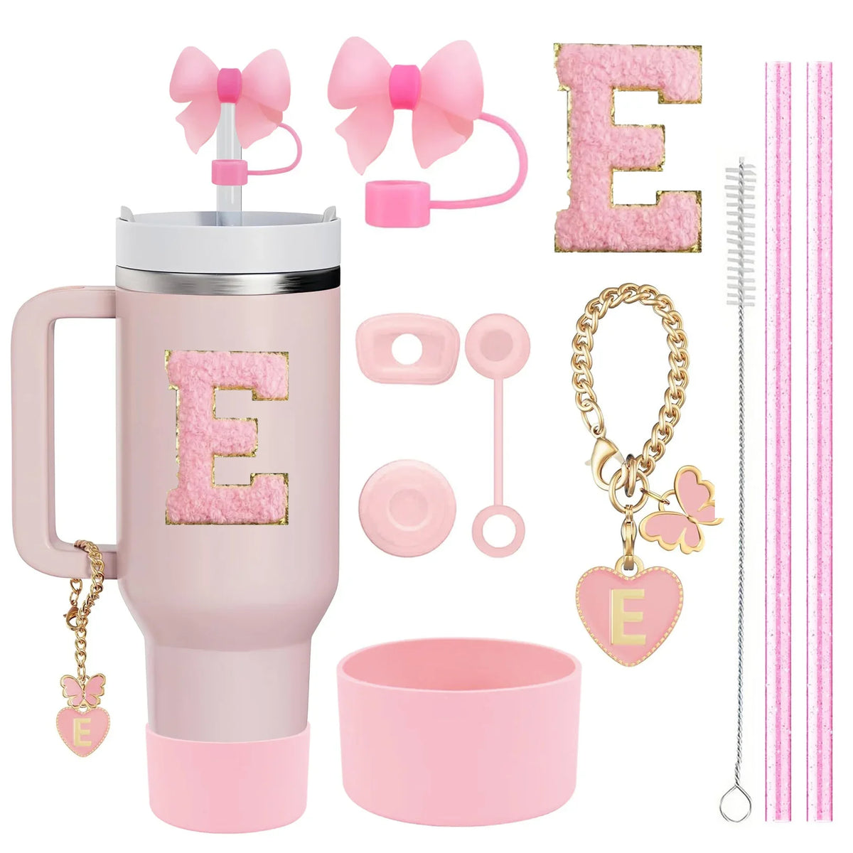 10PCS Accessories Set for Stanley Cup, 2 Straw and Brush and 1 Flower Charm Chain 3 Spill Proof Stopper Flowers Straw Cover Boot