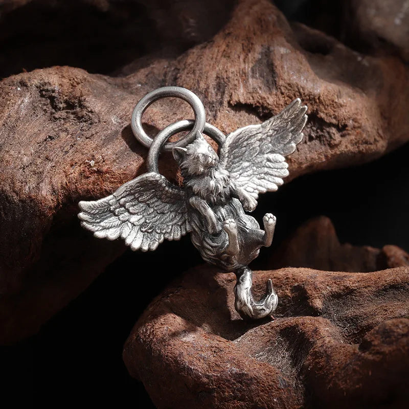 Classic Retro Silver Plated Cute Pet Wing Cat Pendant Necklace for Men Women Fashion Personalized Clavicle Chain Jewelry Gifts