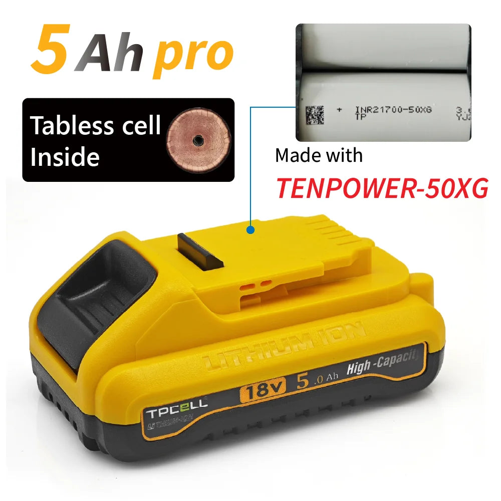 TPCELL 4Ah/5Ah For D.Walt 20V Battery Tabless 21700 DCB200  Replacement Battery Compatible With For D.walt 18V/20V Tools Battery