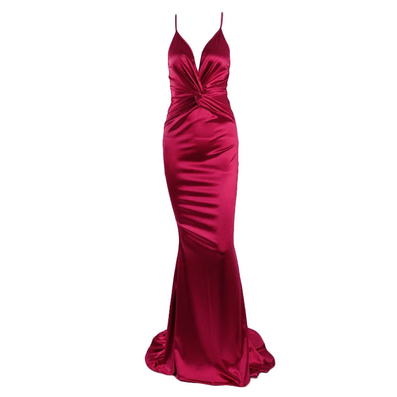 Sexy Lace Up Backless Mermaids Stretch Satin Evening Night Party Dress V Neck Kont Ruched Sleeveless Bodycon Formal Gown