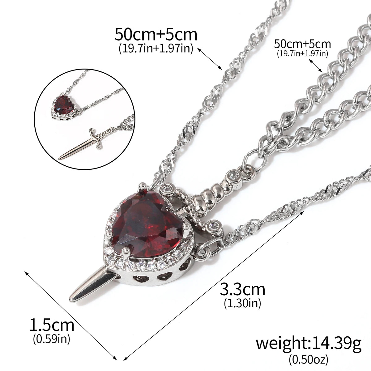 LATS 2pcs Can Be Assembled Heart and Sword Zircon Pendant Necklace for Women Men Couple Silver Gold Plated Choker Chain Jewelry