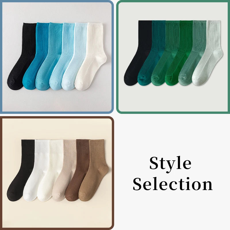 6 Pairs of Women Is Spring Or Summer Solid Colors Simple and Comfortable Mid Tube Socks Khaki Gradient Color