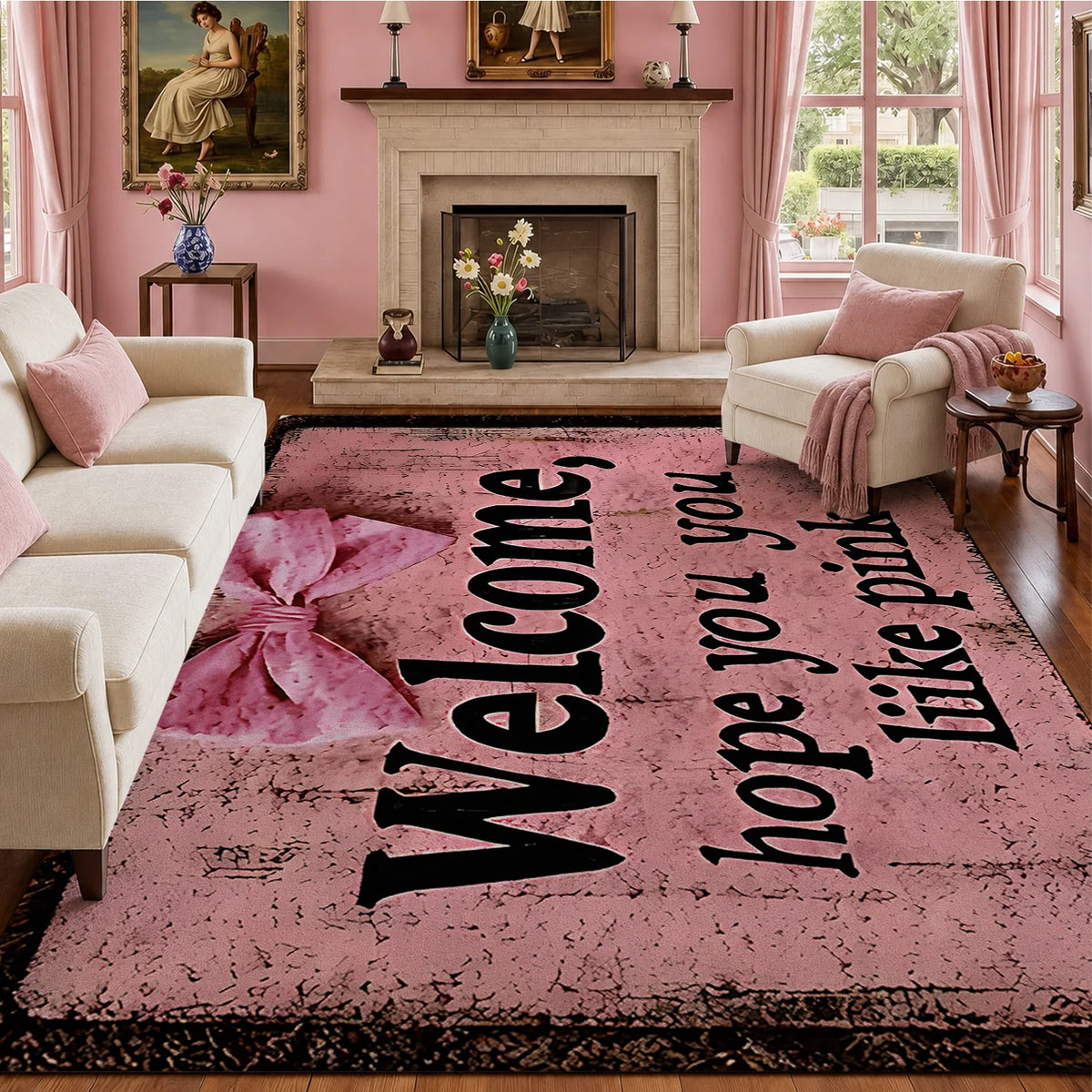 Pink Welcome Bow Area Rug – Six Sizes
