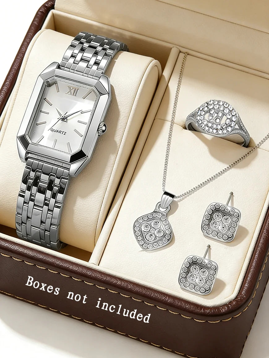 Casual Fashion Square Quartz Watch And Hollow Jewelry Set wi Steel Strap Birthday Gift No Box