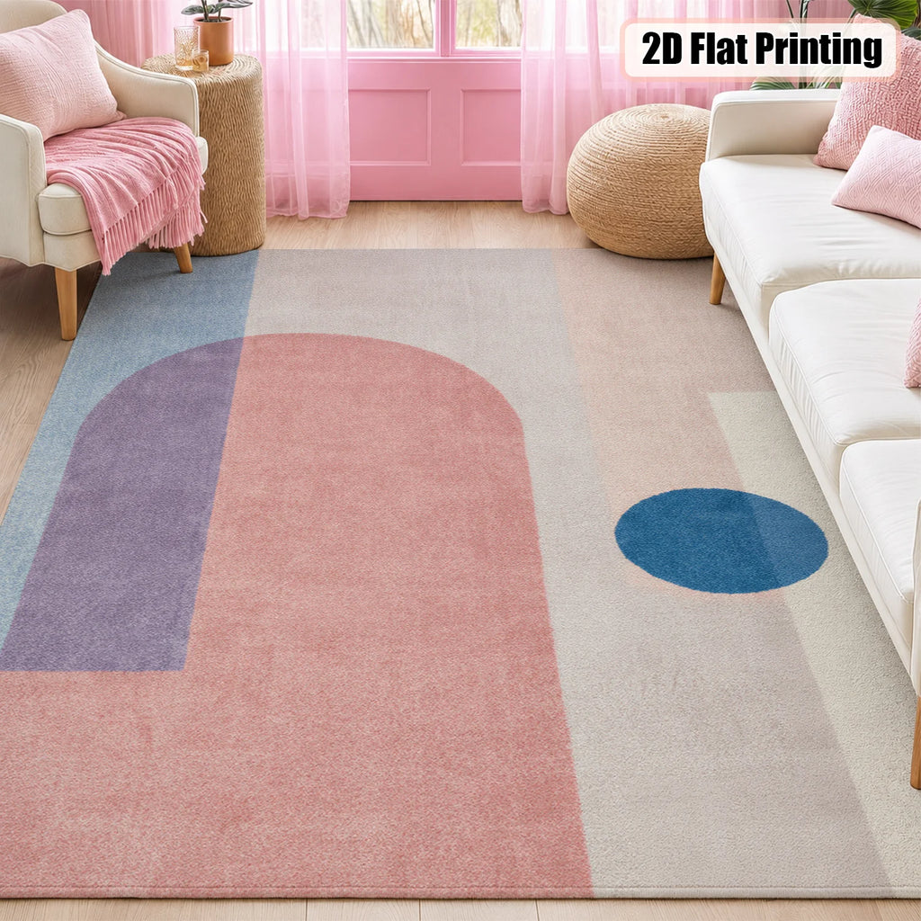 Large Indoor Area Rug, Soft Velvet Low Pile with Non-slip Dotted Backing, Machine Washable Modern Geometric Blush Pink & Light Blue Accent Rug for Living Room, Bedroom, Home Decor
