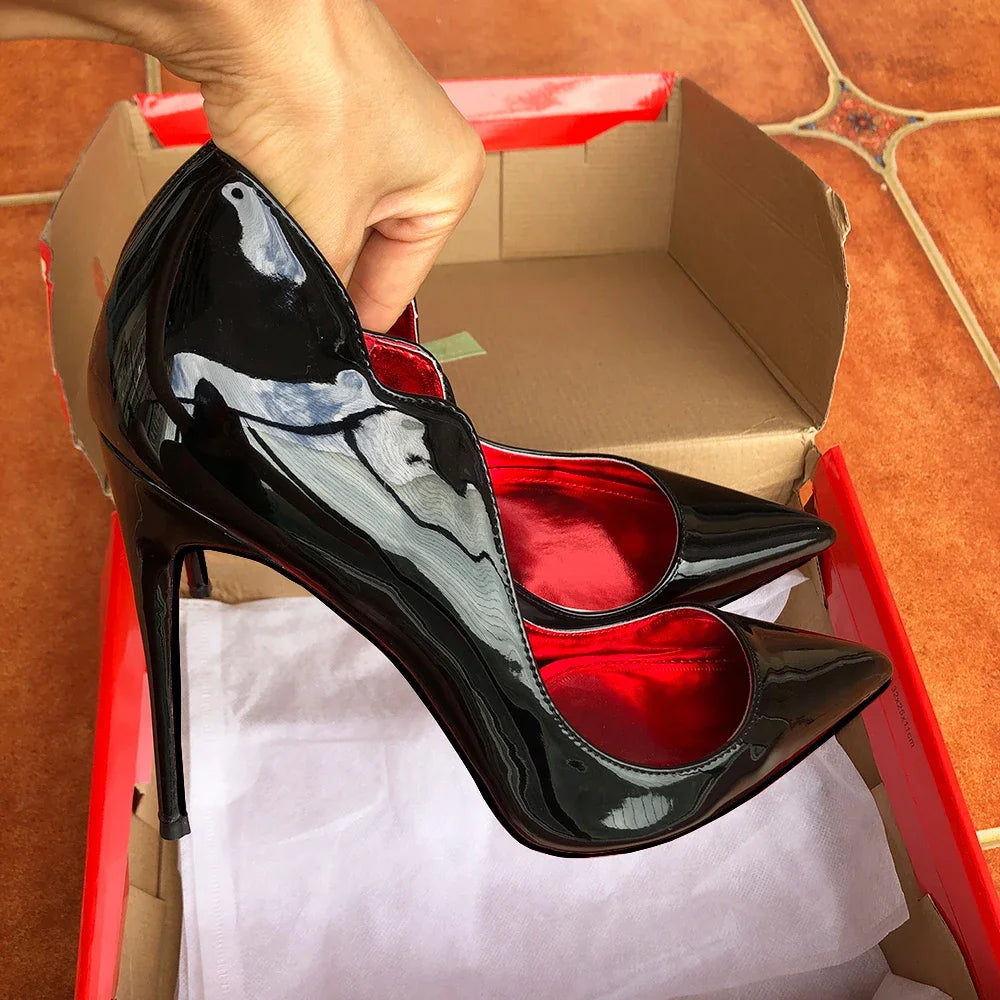 Tikicup Elegant Fashion Curl Cut Women Pointy Toe 12cm High Heel Shoes Sexy Glossy Black V Cut Party Celebrity Stiletto Pumps