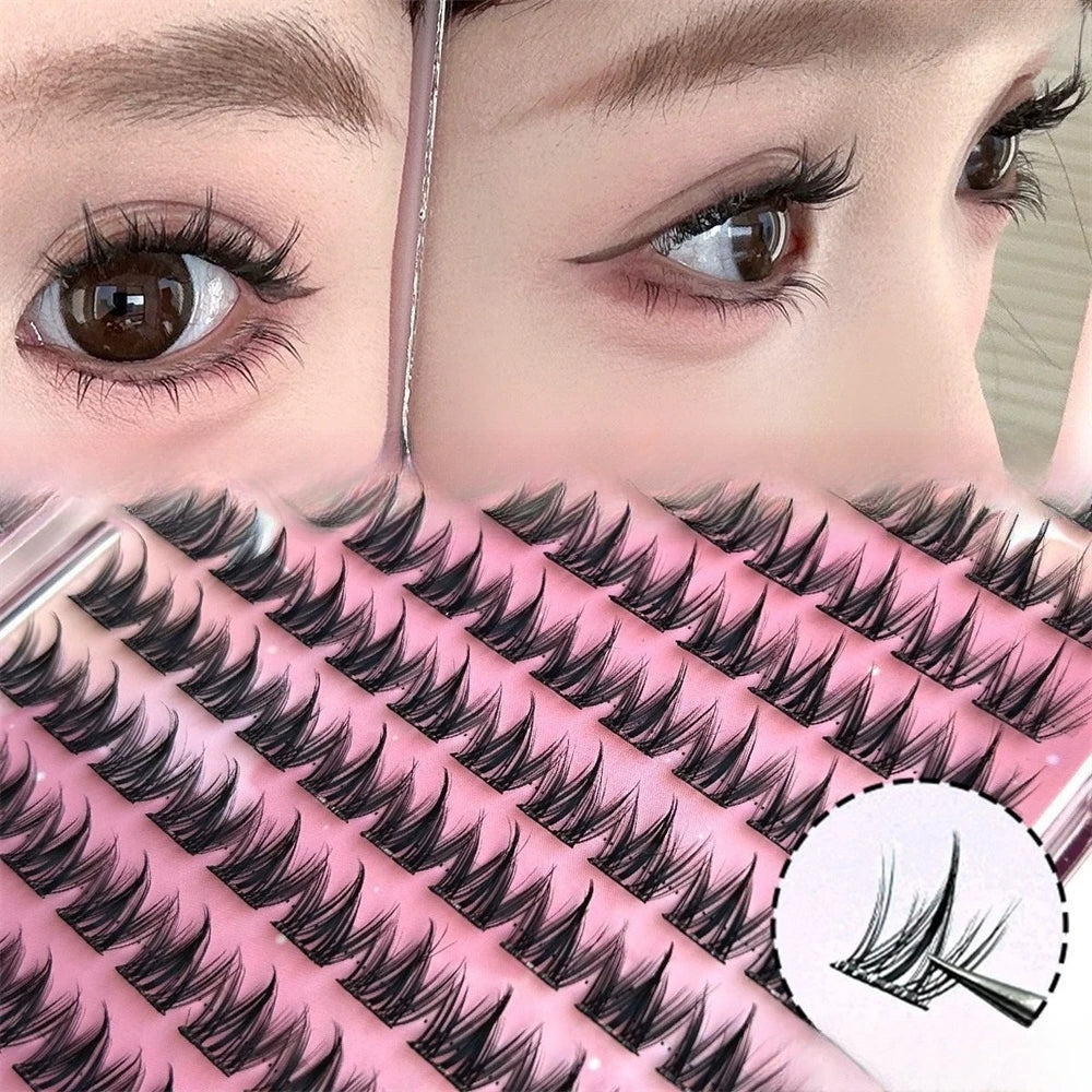 100 Clusters of Self-adhesive Eyelashes, Curled and Slender Dog Style, 12mm Naturally Thickened Thin Strip Eyelashes, Self-Exten