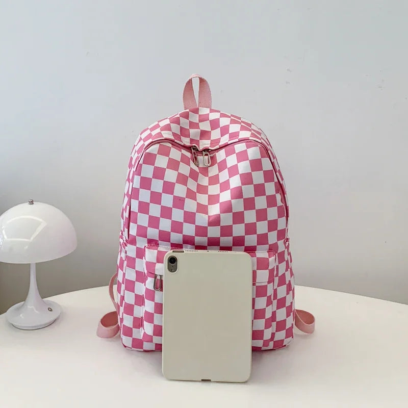 Checkerboard Laptop Backpack for Women - Fashion Print Crossbody Set Multi Pocket Adjustable Straps Campus Commute Essentials
