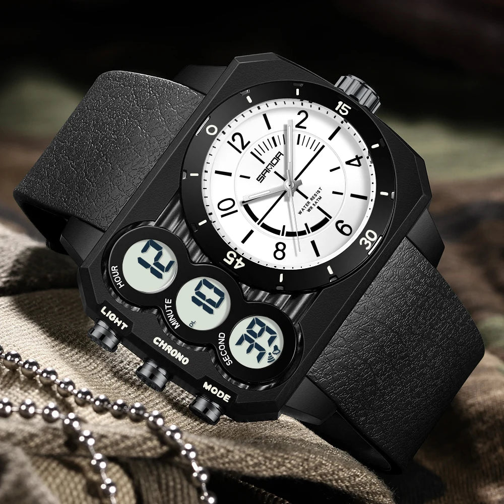 SANDA Men Watch Square Big Dial Waterproof Double Display Wristwatch Man Chronograph Digital Clock Men's Military Quartz Watches