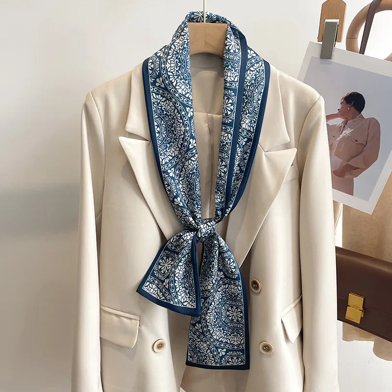 Floral Print 12*145cm Long Ribbon Silk Scarf Women Neck Scarves Headband Female Skinny Neckerchief Hair Band Neck Tie Bag Ribbon