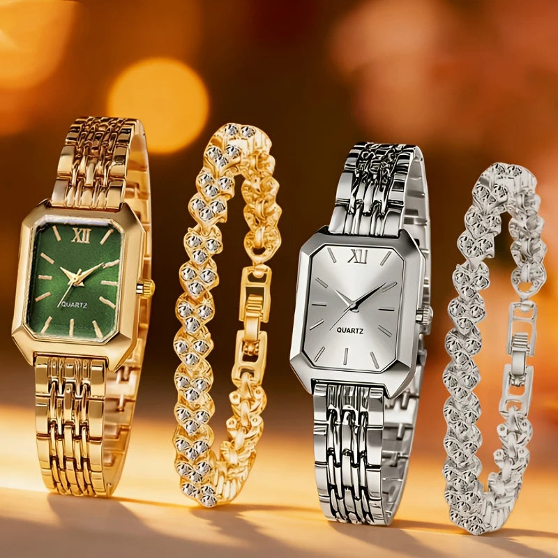 4PCS/Set Elegant Rectangle Women Watches Fashion Ladies Quartz Wristwatch Heart Bracelets Set Reloj Mujer Clock（Without Box）